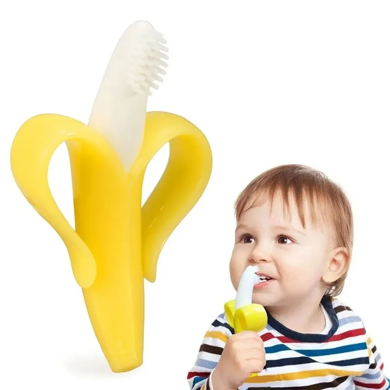 Baby Safe BPA BPA Free Teether Toys Toddle Banana Training Brosse de dents Silicone Chew Soins dentaires Brosse de dents de rassasage Perles bébé cadeau