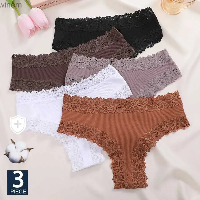 Kvinnors trosor finetoo 3-stycken/set Cotton Underwear Sexig spetsförlorningar Kvinnor mjuk nära passande underkläder Kvinnor Underkläder S-XL underkläder2404