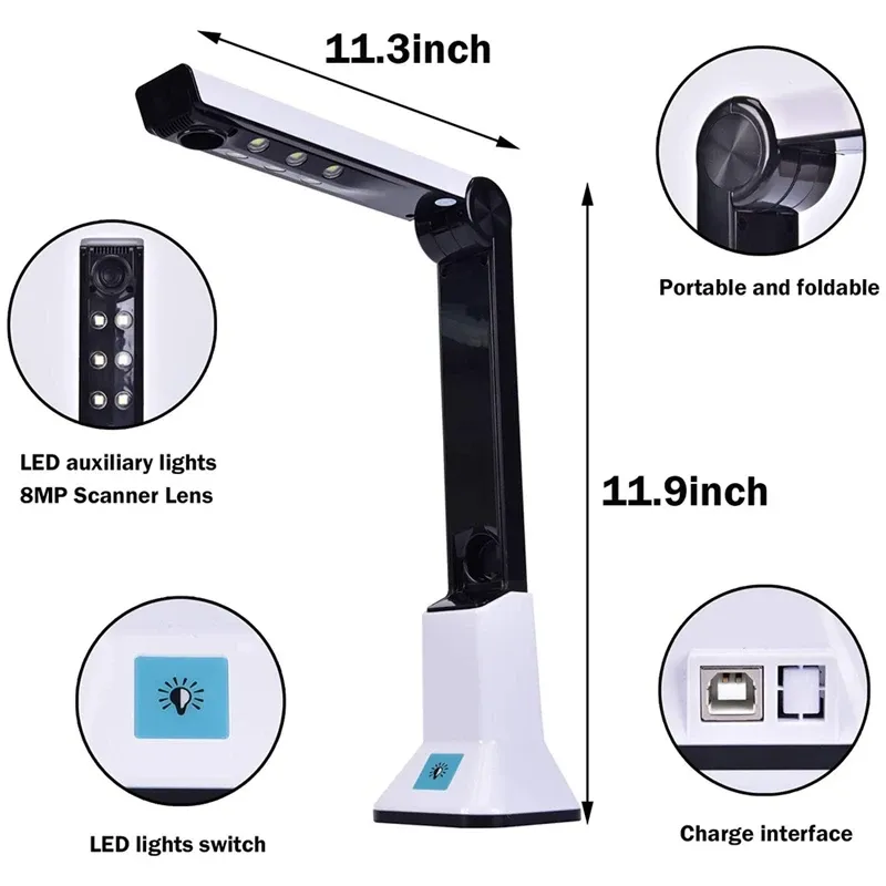 Scanners Dokumentkamera för lärare, bärbar USB -dokumentkamera skanner med stand 8mp HD A4 -format Doc Cam -fotoscanner