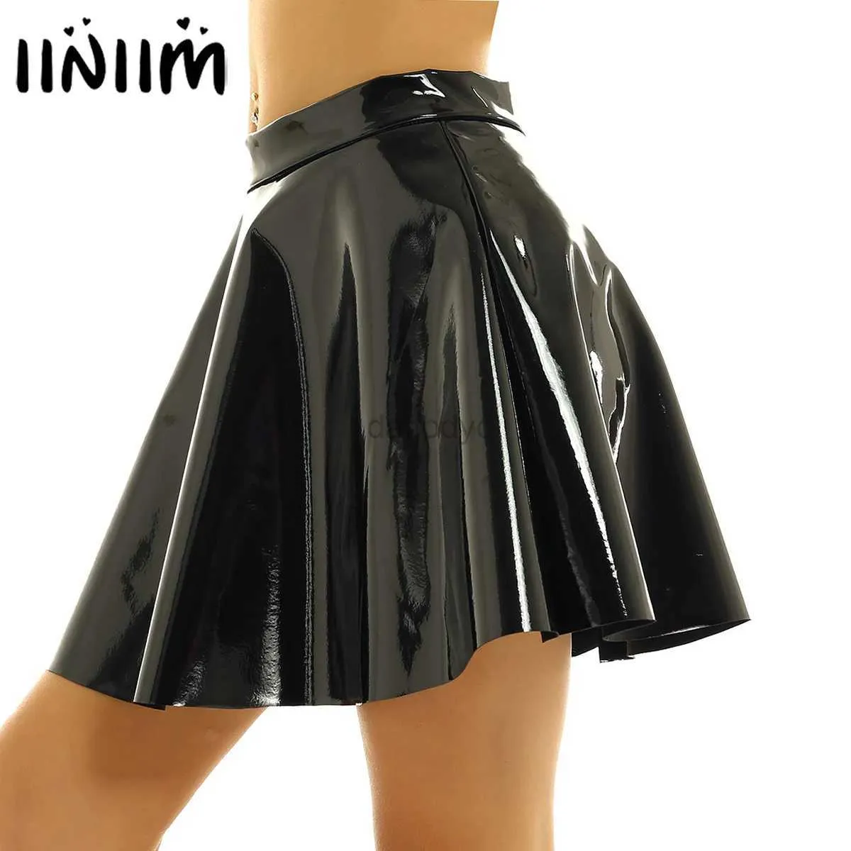 Urban Sexy Dresses Womens Wet Look Leather Miniskirts High Waist Flared Pleated Latex A-Line Circle Skirt Rave Dance Bottoms Sexy Clubwear Skirts 240403