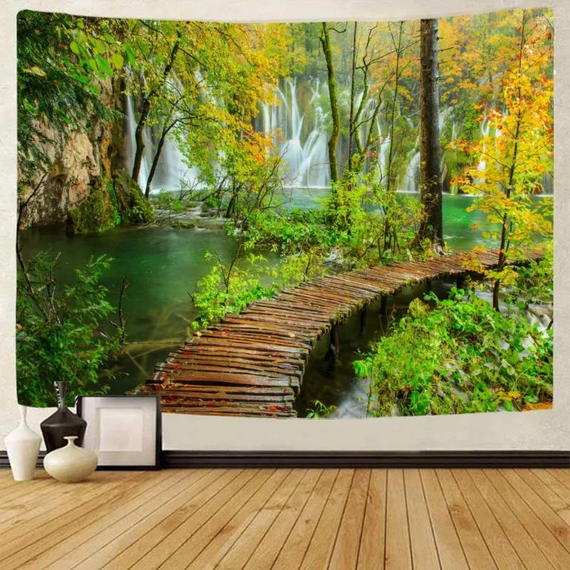 タペストリーズ天然風景大きなタペストリー壁ぶら下がっている滝森林木製橋ボヘミアンルームアートデコレーションブランケットクロス