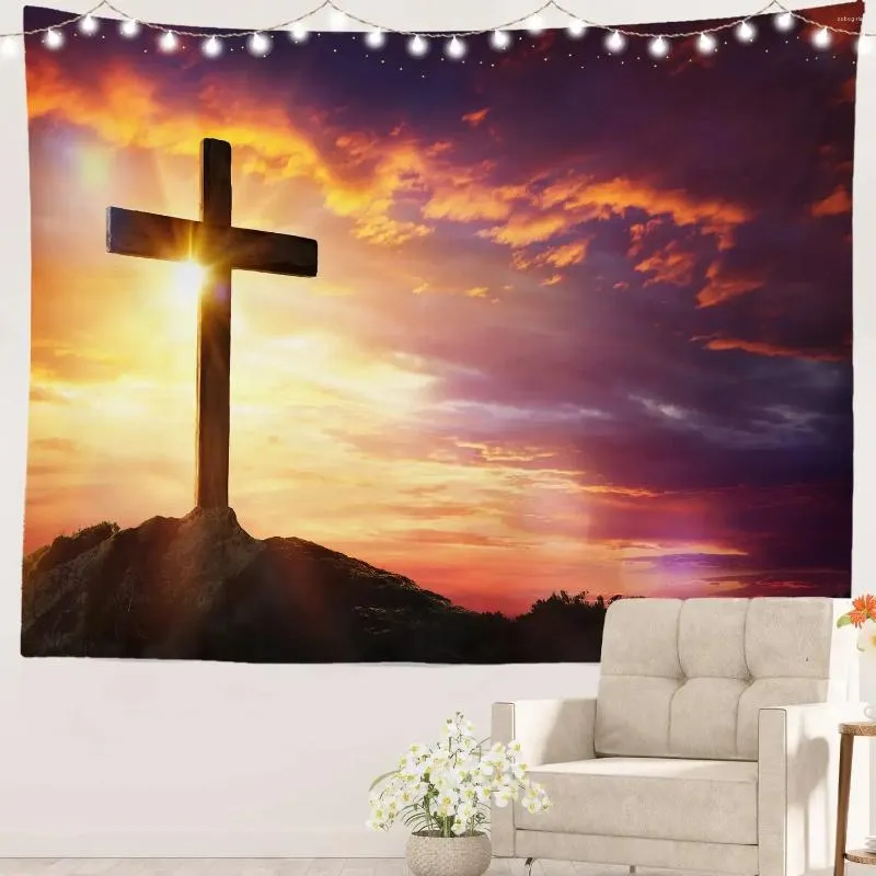 Tapisseries Tapestry Christ sur le mur Cross Art Christian Faith Faith Decoration Cadeaux pour le salon de la chambre Dormitory Sunset