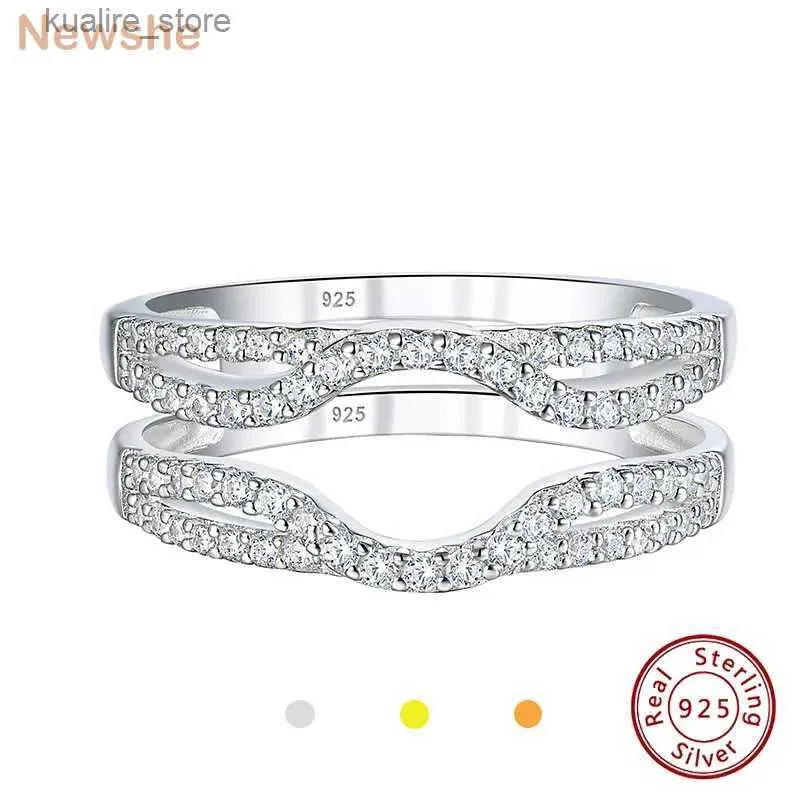 Klusterringar Newshe Solid 925 Sterling Silver Hollow Wedding Rings Enhancer For Women Round White AAAAA CZ Infinity Wrap Guard Band smycken L240402