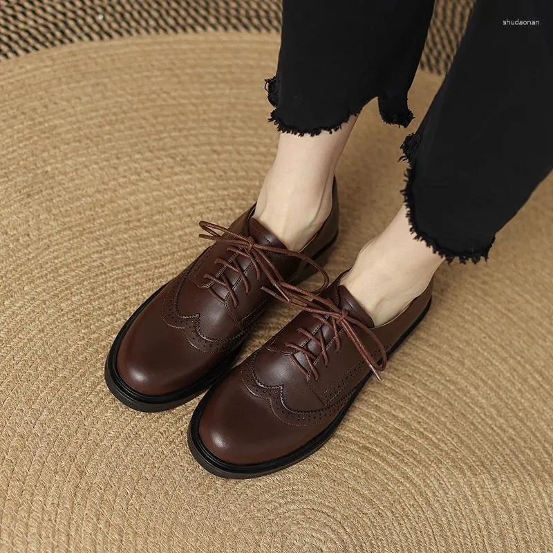 Dress Shoes 2024 Spring Women Pumps Natural Leather 22-25.5cm Washed Cowhide Pigskin Full Lace Up Loafers Retro Brogue