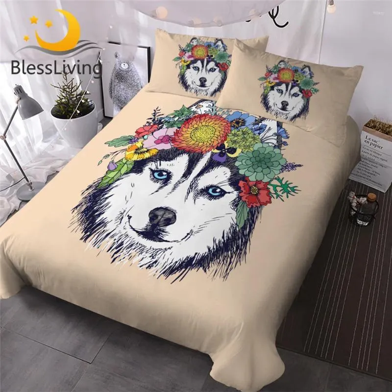 Beddengoed sets zegene hippie husky boho bloemen dekbedovertrek set dieren puppy hond dekter voor jongensmeisjes 3 stks