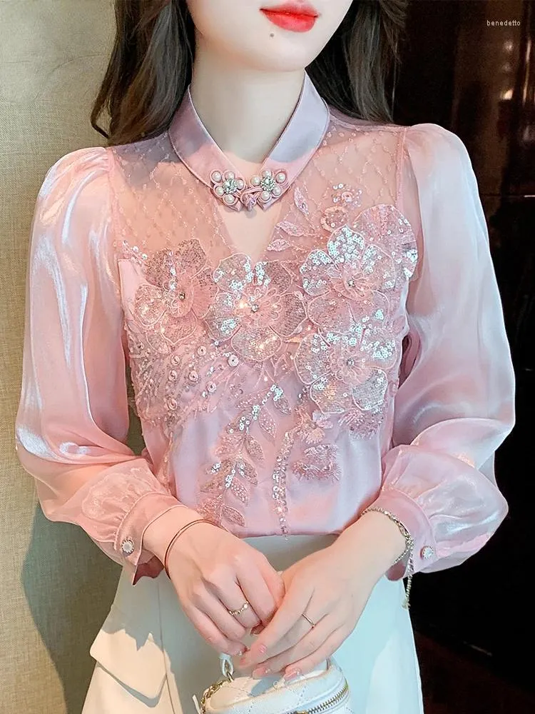 Frauenblusen Einfacher Herbst Blusas elegante Perlen Stickerei Frauen koreanische losen lässige Vintage -Hemden ol Büroarbeit Tops