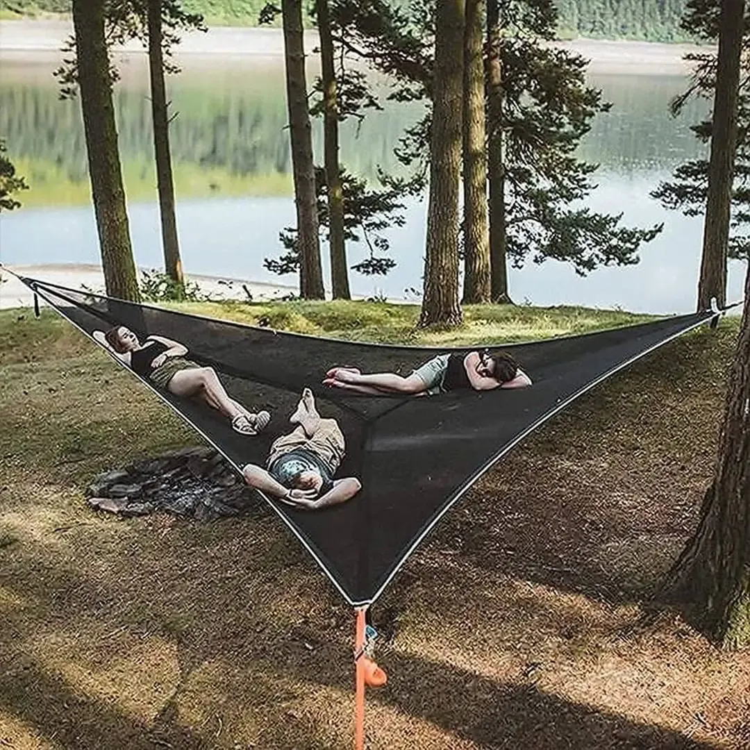 Furnishings Portable Camping Triangle Hammock for Multi Person Outdoor Aerial 3point Hammock Hanging Sleep Bed 4mx4m