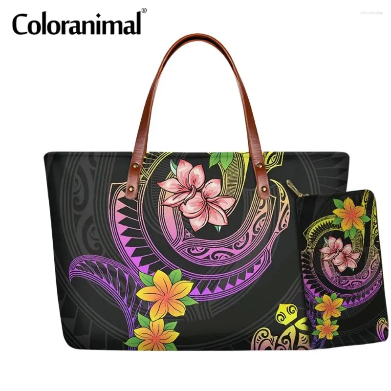 Bag Coloranimal Pretty Polynesian Plumeria Flowers with Spiral Pattern Handväska för kvinnor 2st/Set Shoulder Bagwallet Tote Bolsa