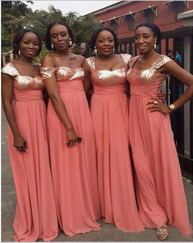 Glittering Coral Sequined Bridesmaid Dresses Cheap Long 2022 Chiffon Empire Beach Off the shoulder With Sleeves Party prom Evening6176775