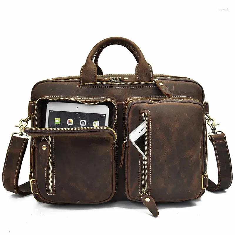Backpack High Quality Leather Double Zipper Cowhide Backpacks Brief Case Travel Office Dual Use Shoulder Bags Pure