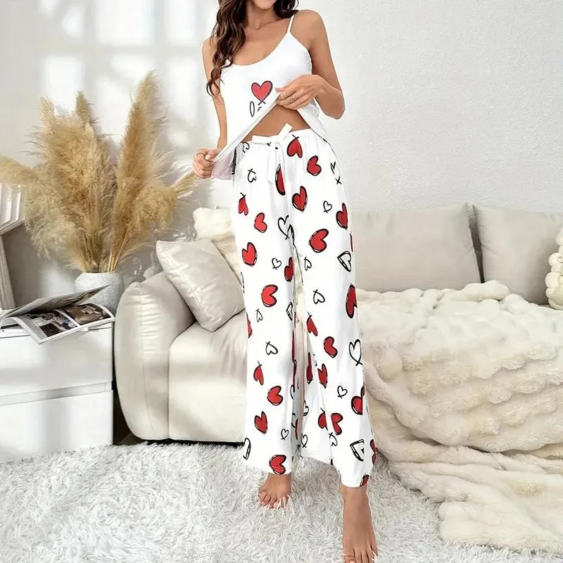 Домашняя одежда Женщины Сексуальная атласная ночная рукавица летняя рукавочная топ с брюками пижама Set Sling Homewear в форме печати одежды пижама