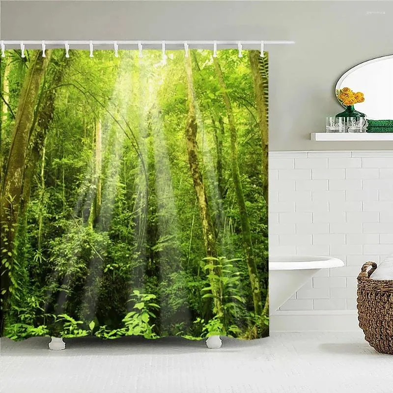 Rideau De Douche Forêt Tropicale - Tissu Polyester Imperméable 90x180cm - Style Boho Avec Crochets