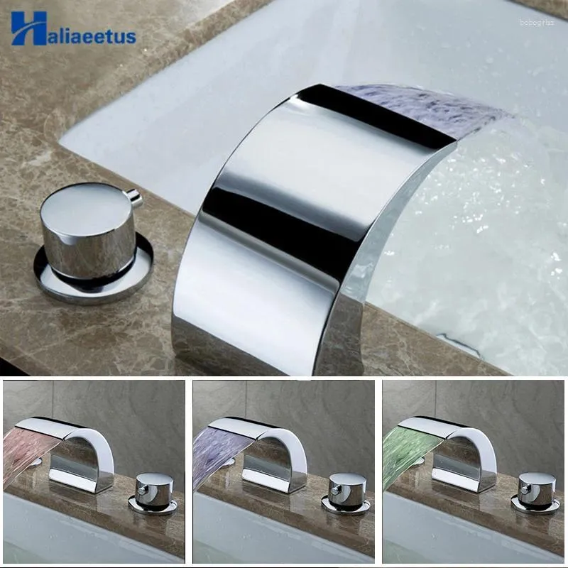 Bathroom Sink Faucets Bathtub Faucet 3 PCS LED Basin Waterfall Water Flow Lavatory Tap Chrome Finished Mixer