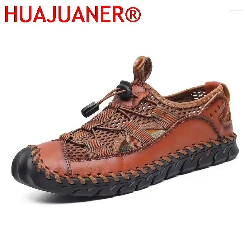 Sandales d'été en cuir véritable pour hommes, mode romaine, chaussures décontractées faites à la main, plate-forme d'extérieur, plage pour hommes