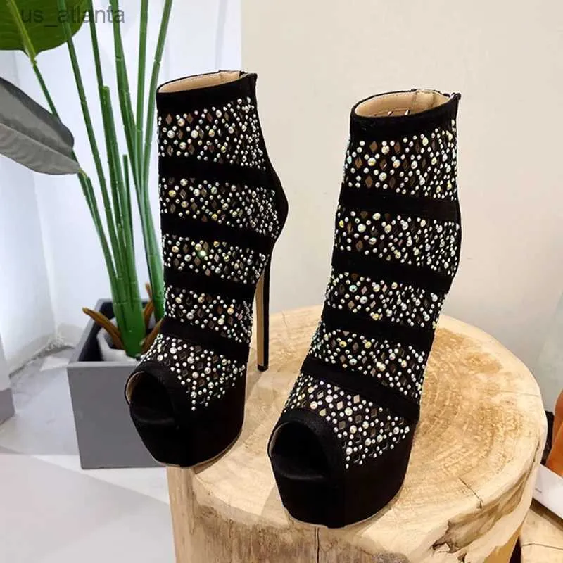 اللباس أحذية Liyke Spring Autumn Hollow Out Rhinestone Mesh Canle Boots Women Sexy Peep Zip Platfor