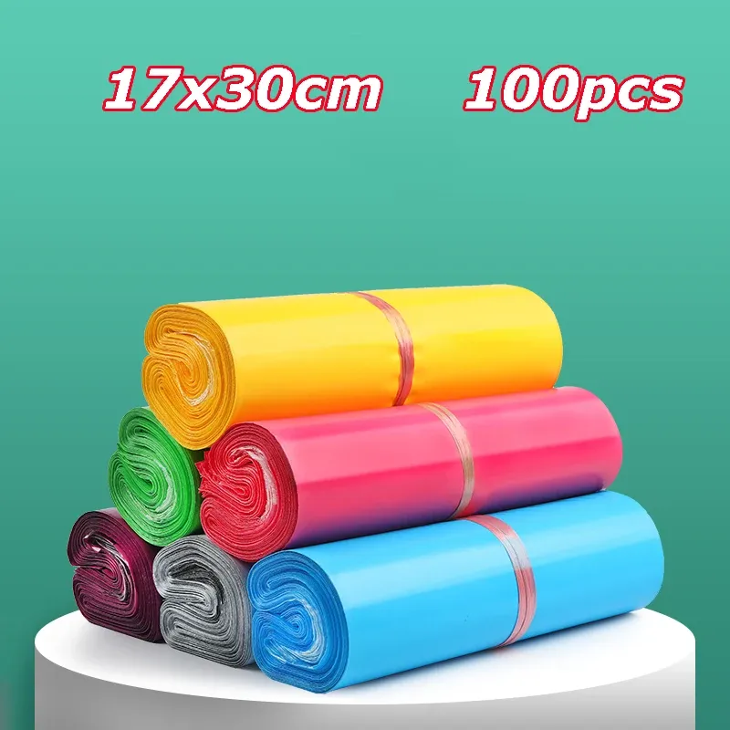 封筒17x30cmプラスチックエンベロープセルフシール接着courierストレージバッグ100pcs/lotグリーンピンクカラーポリメーラー配送バッグ