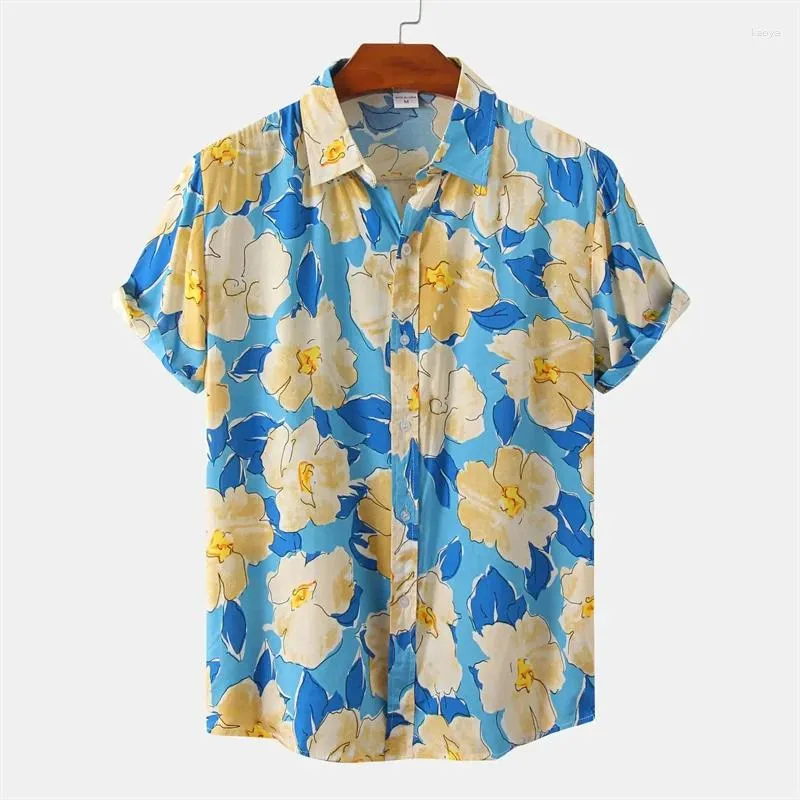 Mäns casual skjortor sommar hawaiian kort ärm blomma tryck vintage gata överdimensionerade lapel knappar t-shirt män kläder toppar