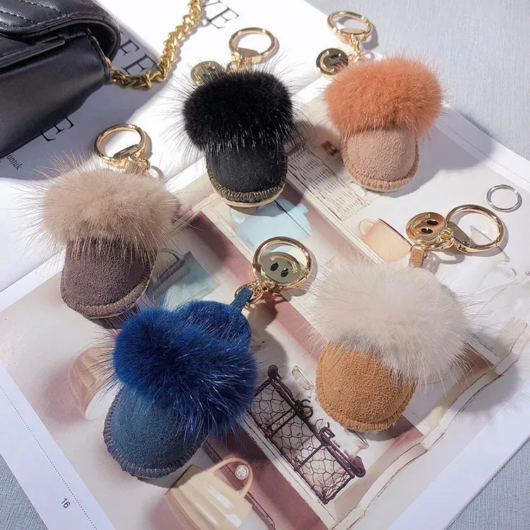 Luxury handmade mink slippers keychain simulation shoes bag pendant key chain immortal flower accessories pendant Llaveros 240320