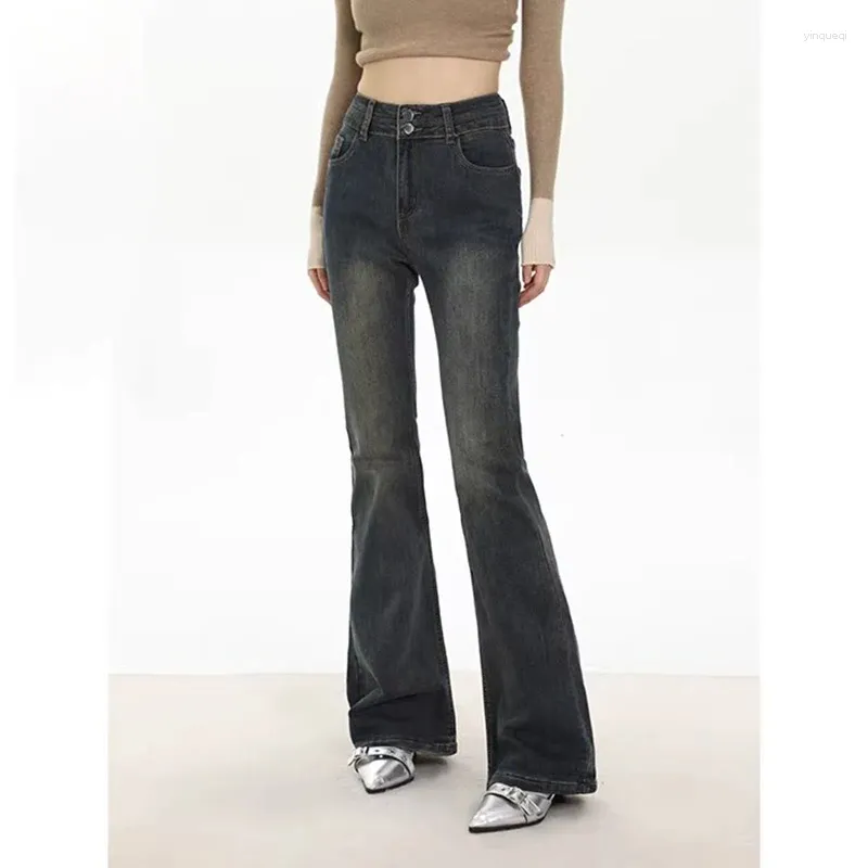 Kvinnors jeans svarta flare streetwear amerikansk vintage hög midja jeans2024 höst och vinter bred ben rak y2k känsla av designbyxor