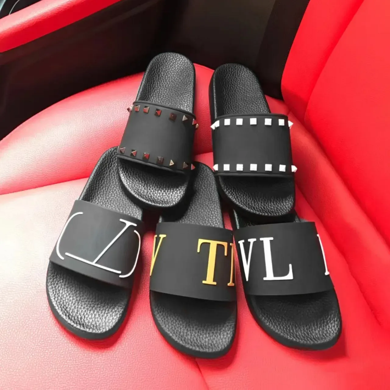 Women's White Leather V-Logo Slides - Red Sole, Rivet Detail