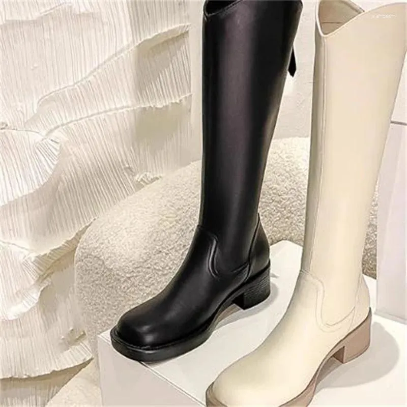 Buty buty do szycia buty dla kobiet okrągłe palce u stóp churry wysokie obcasy solidne cielę skórzane podżeganie femme tylne zamki tacones botas