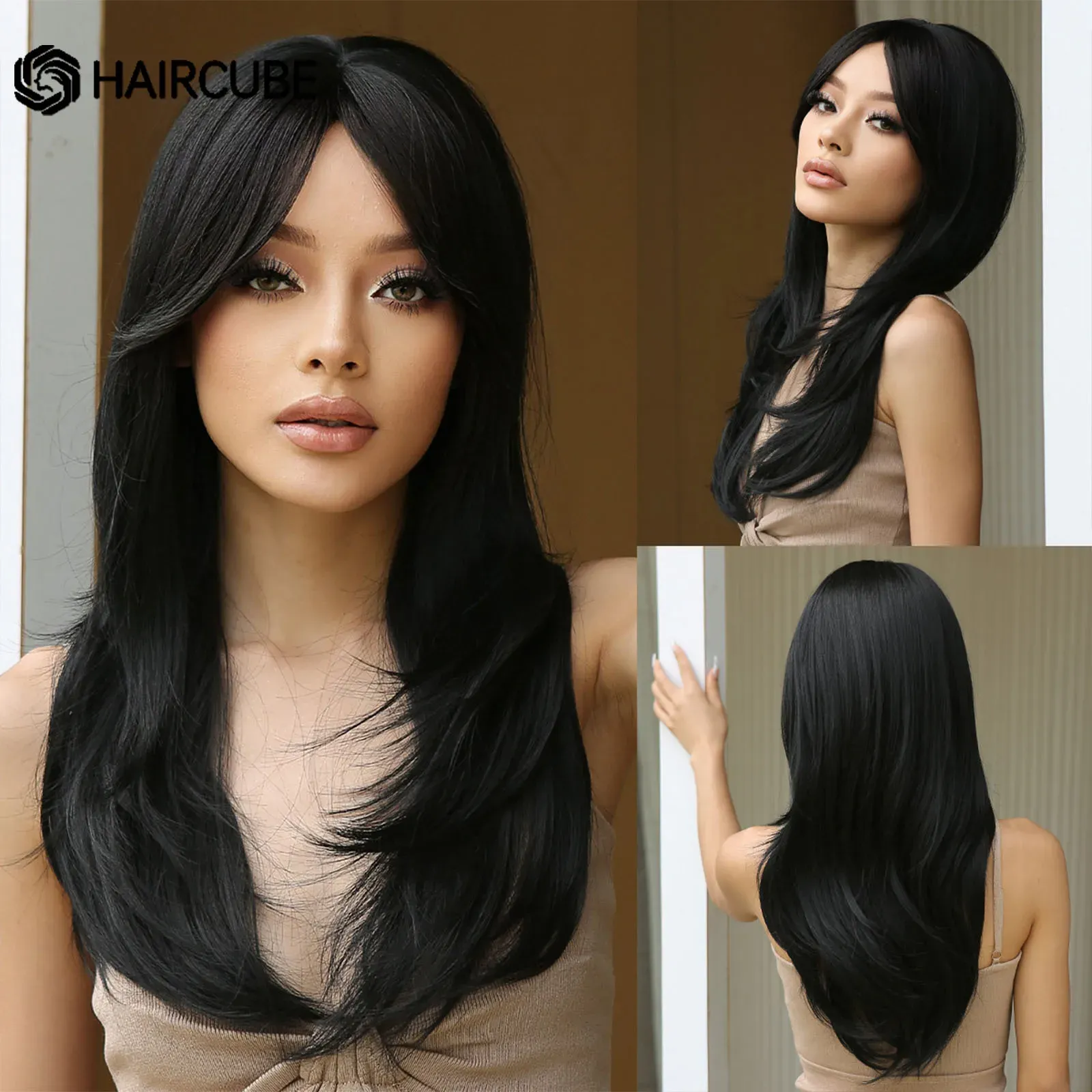 Perruques Coupe de cheveux longue perruques synthétiques droites Natural Black Hair Losed Wigs for Woard Femmes résistantes à la chaleur Cosplay Wigs résistants à la chaleur