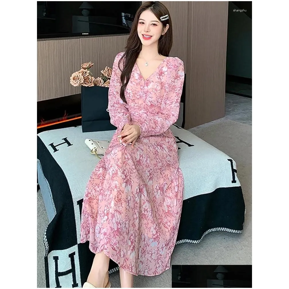 Abiti casual di base donne donne rosa floreale in chiffon spiaggia lungo abito lungo manicotto azzontro elegante abiti da ballo elegante 2024 coreano bodycon party dhl5w