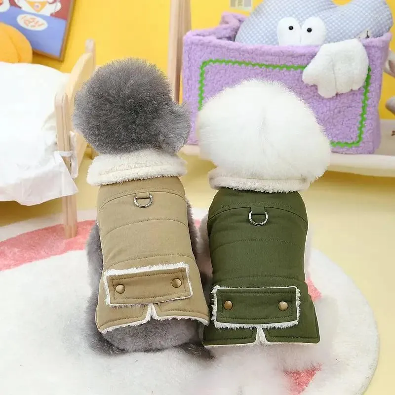 Dog Apparel Pet Clothing Cotton Jacket Thickened And Plush With Buckle Solid Color Teddy Bear Puppy Military Style