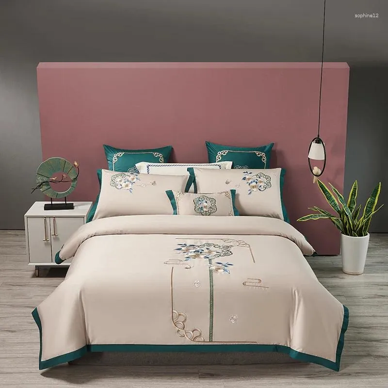 Set di biancheria da letto rapito di lusso rosa/bianco ricami lunghi cotone cotone piumino morbido piumino piatto/lettino a letto cuscino