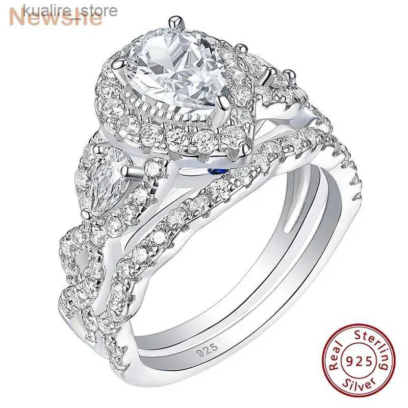 Cluster Rings Newshe 2 Pieces Engagement Ring Set for Women 925 Sterling Silver Brilliant Pear Oval Cut AAAAA Cz Bridal Wedding Jewelry L240402