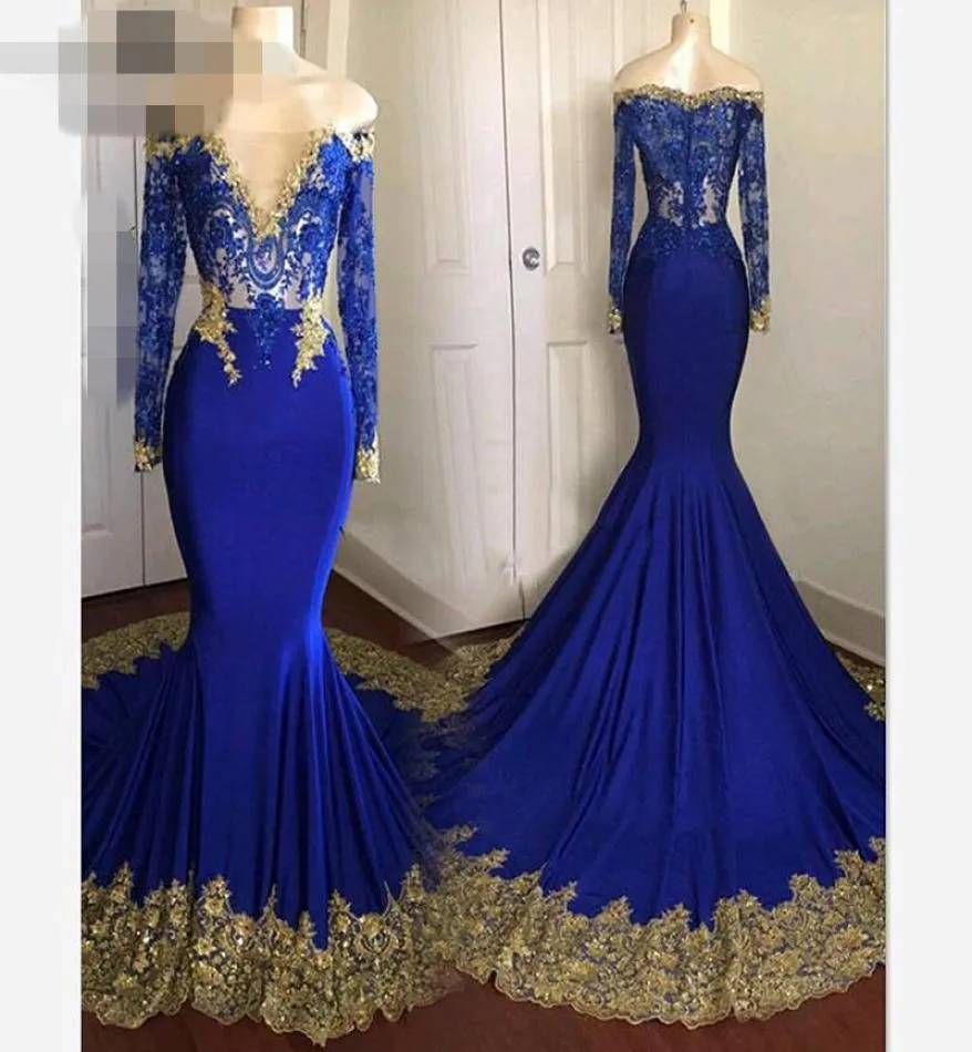 Royal Blue and Gold Embroidered Formal Dresses 2021 Evening Gowns Long Sleeve Off Shoulder Long Lace Prom Dress Evening Wear Vesti6883726
