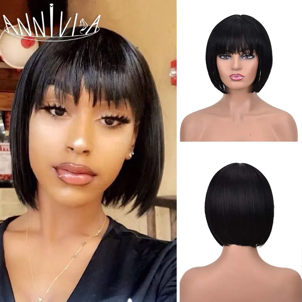 Perucas curtas perucas bob com franja straight sintética de cabelos de glueless peruca de cosplay para mulheres pretas/brancas, cabelo resistente ao calor 8 polegadas Annivia