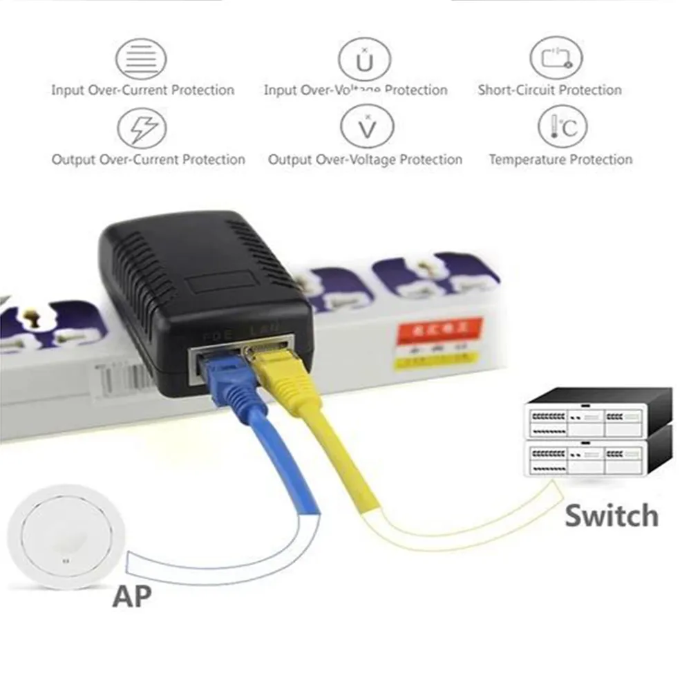 12V 2A Power Adapter 48V PoE Switch Ethernet Power Injector for IP ...