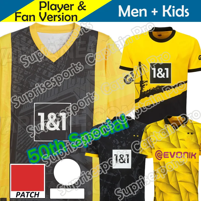 DoRTmunds 23 24 Jerseys de futebol Kids Kit Quarto 4º Especial Sancho 2023 2024 Copa Trikot 50º Aniversário Camisa de Futebol Home Away Terceiro Haller Reus Moukoko Brandt Conjuntos