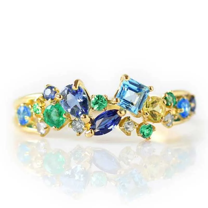 2 stks trouwringen Huitan moderne trendy vrouwelijke ringen met blauwe/groene kubieke zirkonia luxe accessoires dagelijkse slijtage feestmode sieraden voor vrouwen