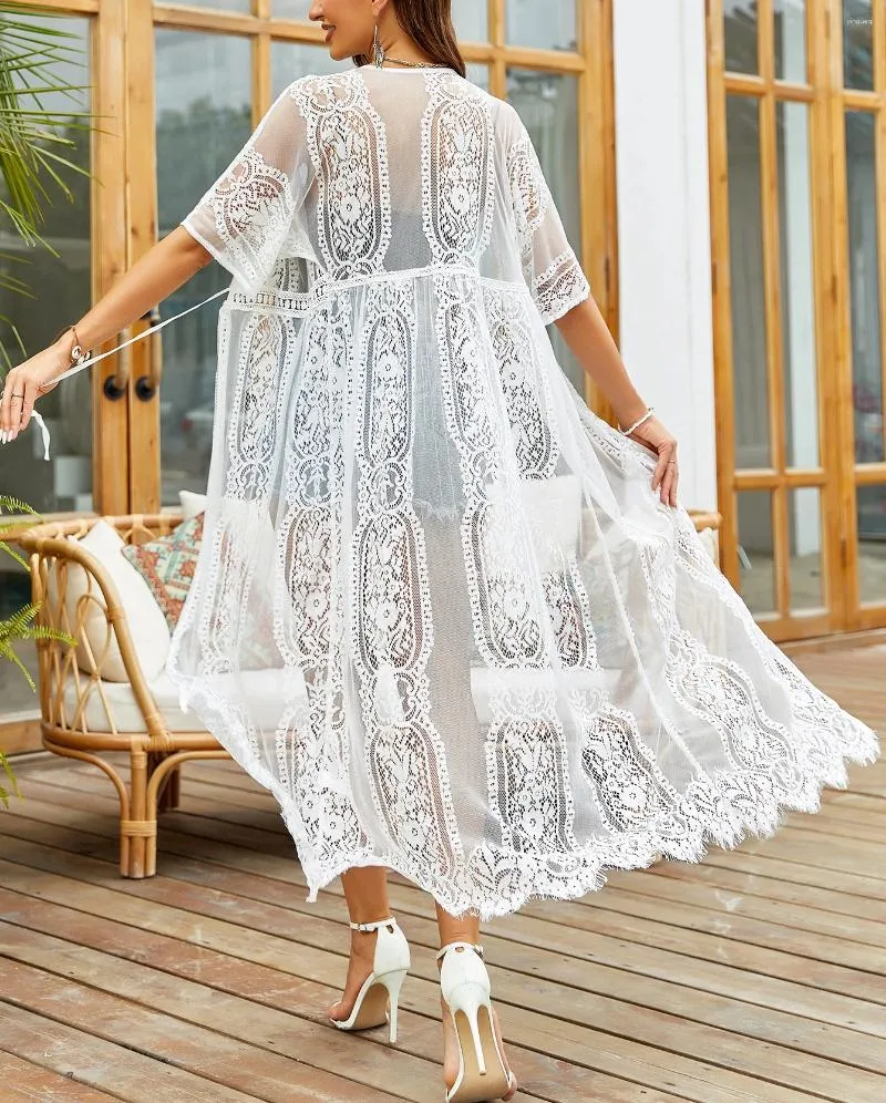 Vintage Aushöhlen Floral Spitze Cover-Up Frauen Robe Durchsichtig Langes Kleid Sommer Boho Strand Tragen Sexy Bikini Vestidos