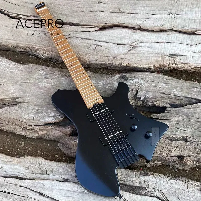 Guitare Acepro Guitare électrique sans tête, micros P90, corps de cendre noir foncé, cou en érable rôti, frettes en acier inoxydable, haute qualité