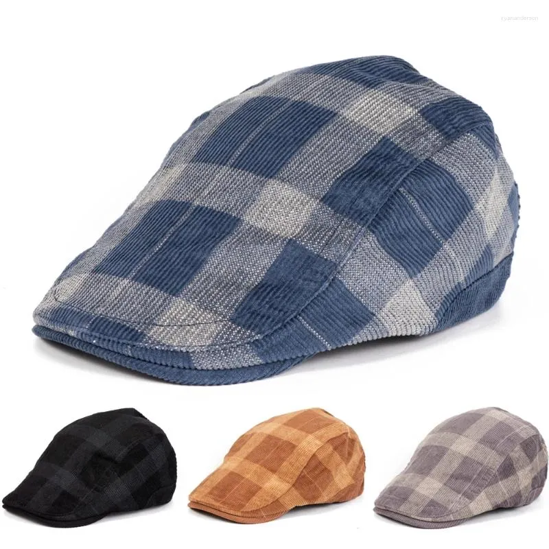 Basker tohuiyan corduroy plaid sboy hattar för män brittiska gentleman platt mössor vår vintage basker hatt boinas huvudbonad kvinnors mössa