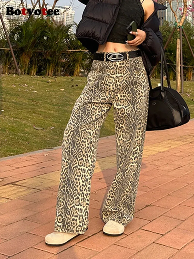 Ретро леопардовый принт y2k джинсы женщина роскошная американская уличная одежда свободная корейская стиль негабаритный прямой широкий шар.