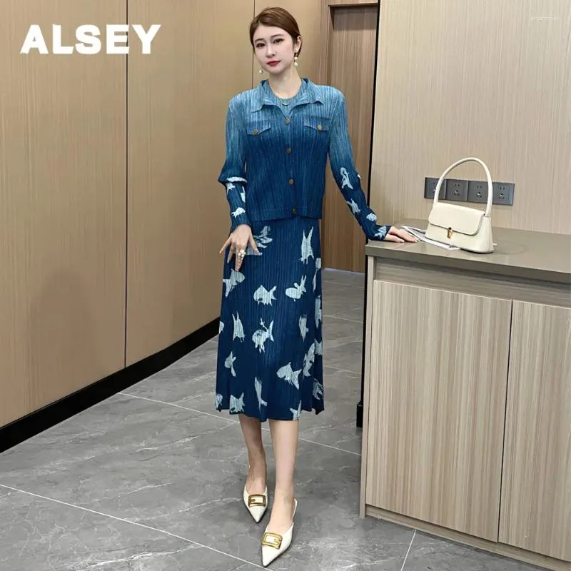 Work Dresses ALSEY Miyake Pleated Simple Fashion Plus Size Skirt Set Fall Two Piece Printed Vest Dress Suit Collar Jacket Women
