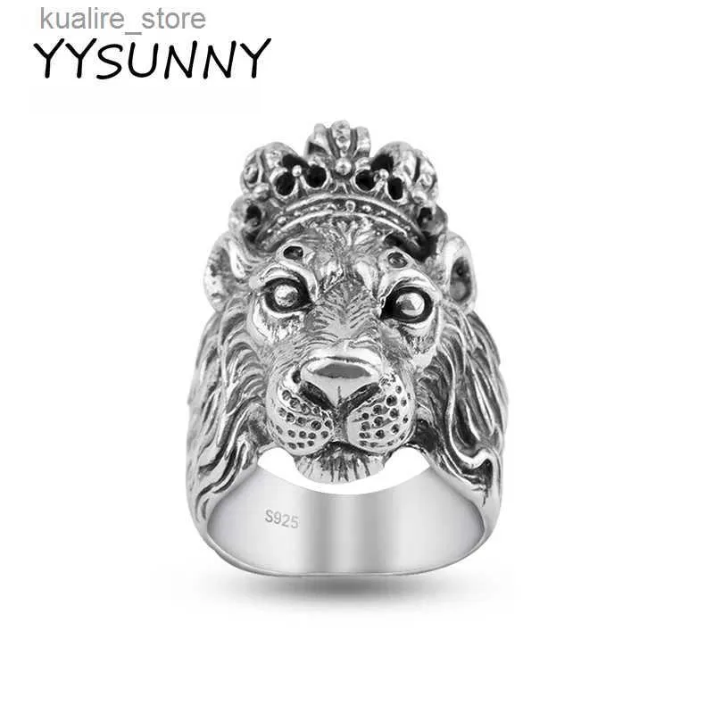 Cluster Rings YYSUNNY Crown Lion Ring Mens Domineering Hip Hop 925 Sterling Silver Retro Motorcycle Jewelry L240402