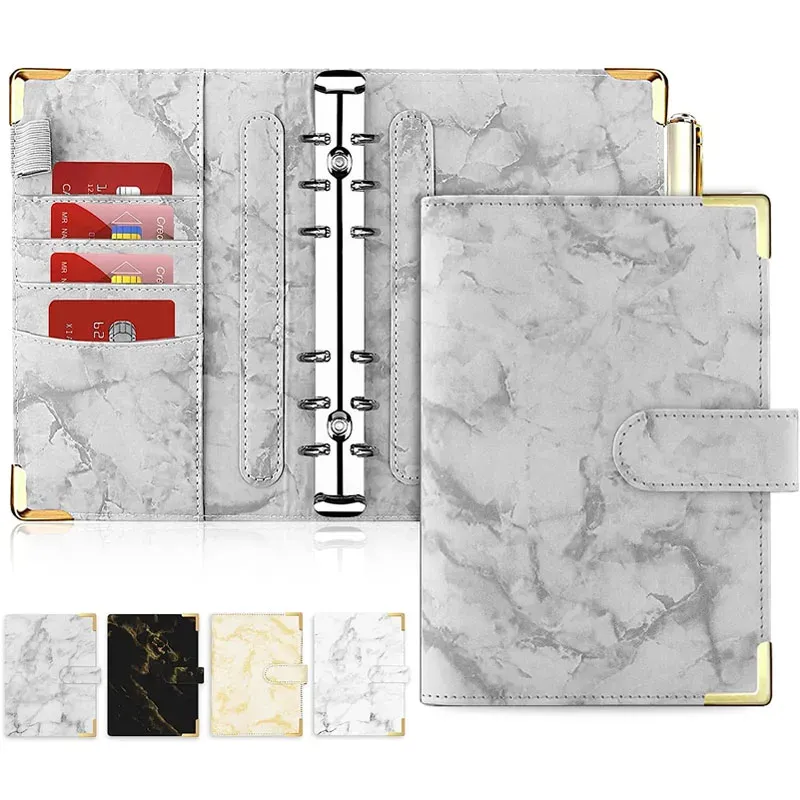 Anteckningsböcker A6 PU LEATHER MARBLE NOTBOOK BINDE BINDER Budgetplanerare Pengar Organiser för kontantbesparingar med 6 dragkedja kuvertfickor klistermärken