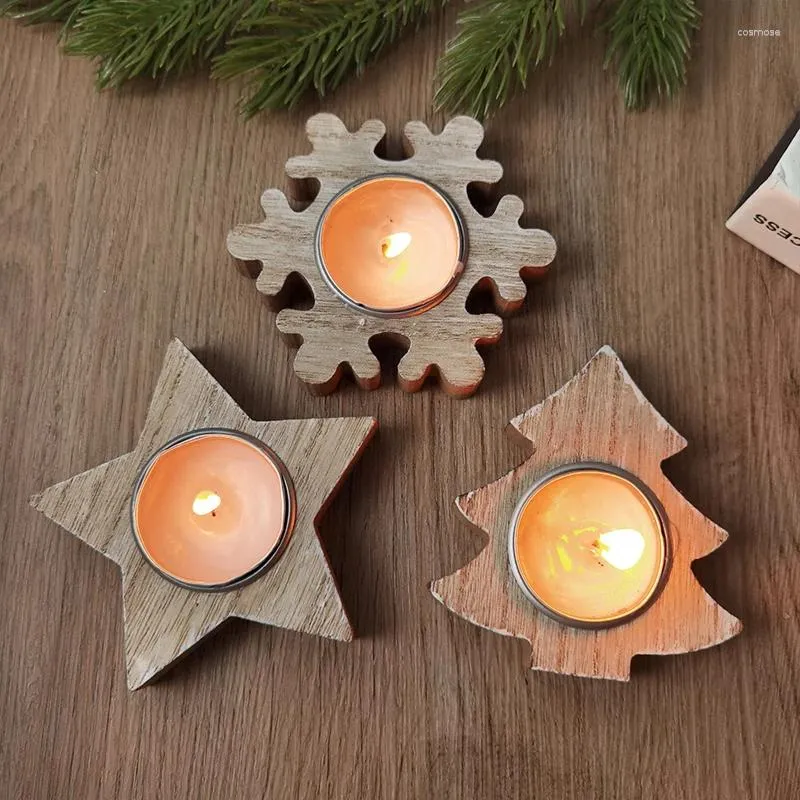 Candele in legno Talbero di natale Snowflake Candtrestick Star Star Porta di forma per decorazione per la casa 2024 Navidad Kerst Year Gift