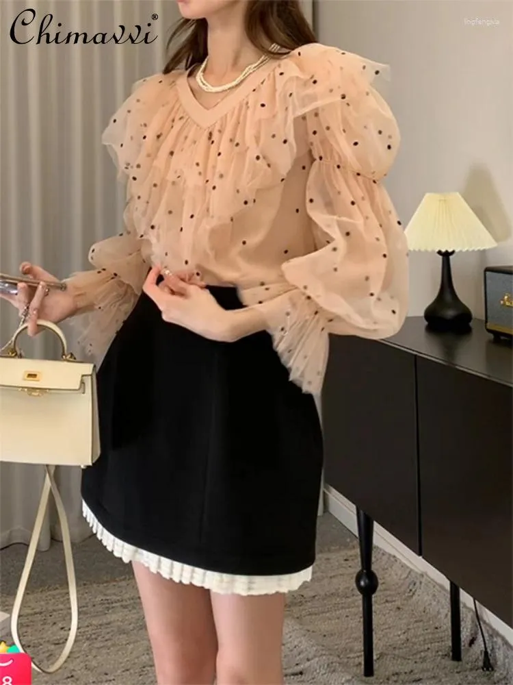 Work Dresses Summer 2024 Fashion Chiffon Pleated Ruffled Top Long Sleeve V-Collar Polka Dot Shirt Black High Waist Mini Skirt For Women