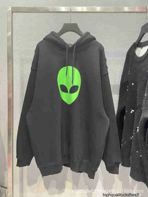 Ontwerper Hoge kwaliteit B Alien Fleece Hoodie Ins Paris fluorescerende groene offset Afdrukken Handmatige slijpproces Heren- en dames trui Zriz Zriz