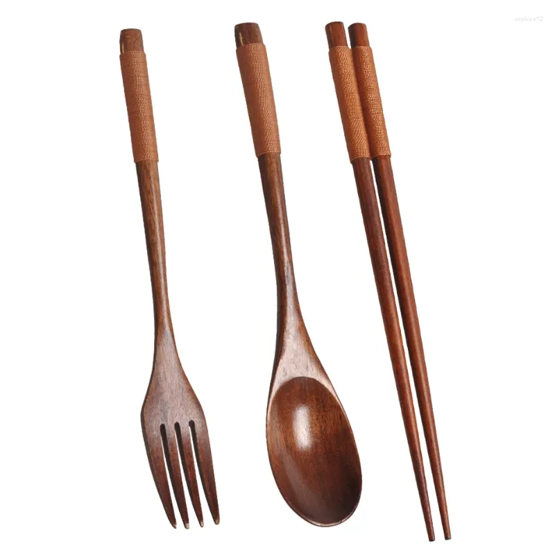 Zestawy naczyń stołowych Drewniane zalatywa z zestawem Portable Spoon Fork Pafticks Stwardność stołowa z nić Twin