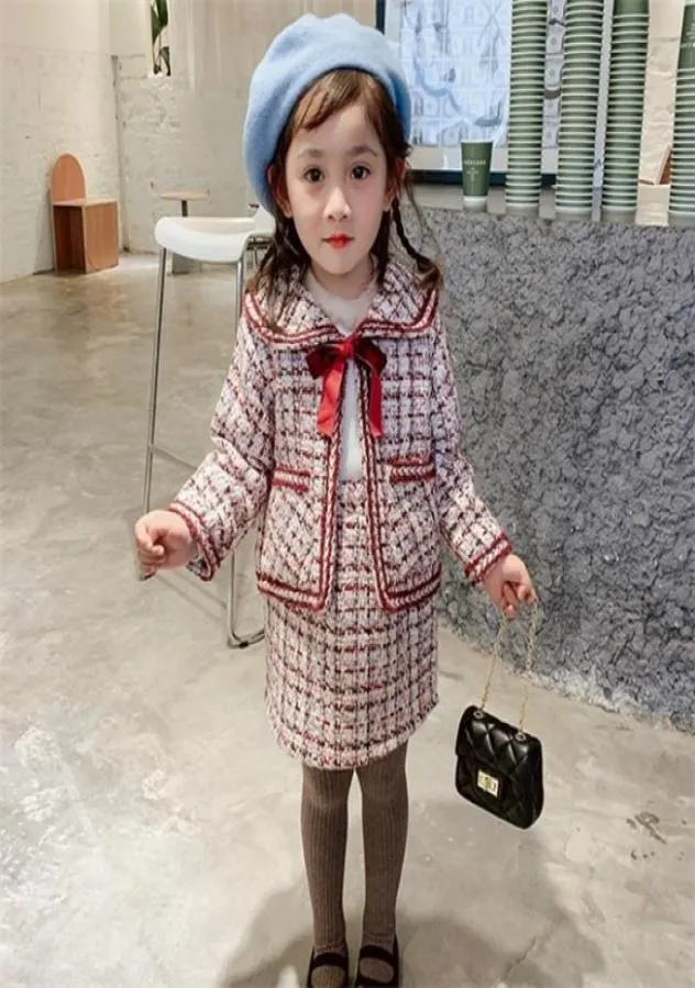 2020 Autumn New Arrival Girls Fashion Tweed 2 Pieces Suit Coatskirt Kids Princess Sets with Bow5212399