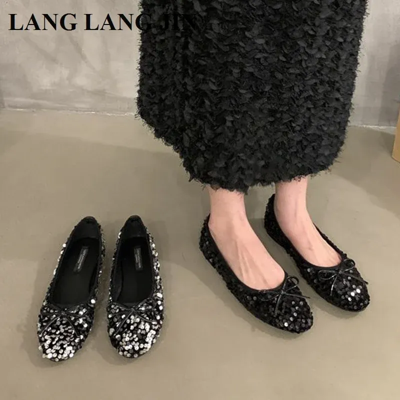 Loafers 2023 Новый осенний Bling Sequin Classic Ballet Shouse Женщины круглое ноги Bowtie Ballerinas Случайный наки