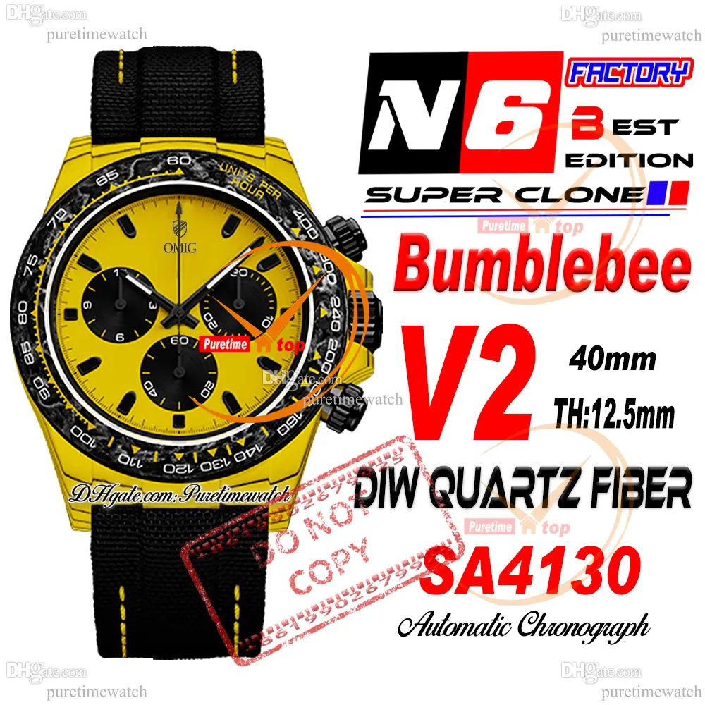 DIW Bumblebee Quartz Carbon SA4130 자동 크로노 그래프 남성 시계 N6F V2 Yellow Black Dial Nylon Strap Super Edition 동일한 직렬 카드 Puretime Reloj Hombre Ptrx
