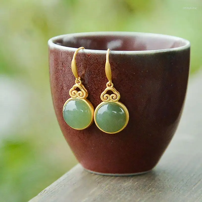 Dangle Earrings Natural Hetian Jade Xiangyun Jasper S925 Sterling Silver Eardrops Simple Classical Temperament All-Match